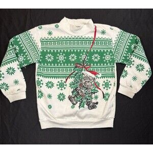 Vintage 90s Basic Editions Kids Christmas Kitten Cat Sweatshirt Green AOP